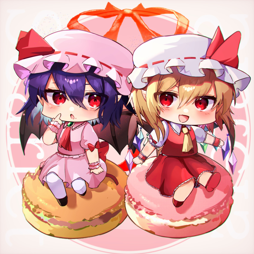 2girls :d :o ascot bat_wings blonde_hair blush brooch chibi crystal eyebrows_hidden_by_hair eyes_visible_through_hair fang finger_to_face flandre_scarlet food full_body hair_between_eyes hat highres index_finger_raised jewelry looking_at_another looking_to_the_side macaron minigirl mob_cap multiple_girls open_mouth pantyhose pink_shirt pink_skirt pointy_ears purple_hair red_ascot red_eyes red_skirt red_vest remilia_scarlet sakuhara_kaka shirt siblings simple_background sisters skin_fang skirt skirt_set smile touhou vest white_background white_pantyhose wings wrist_cuffs yellow_ascot