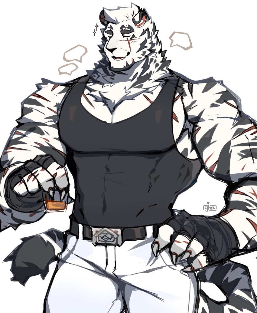 1boy animal_ears arknights bara black_tank_top cup drinking_glass facial_hair furry furry_male goatee graysheartart hand_on_own_hip highres large_pectorals male_focus mountain_(arknights) muscular muscular_male pectoral_cleavage pectorals scar scar_across_eye scar_on_arm short_hair sidepec sketch smile solo talking tank_top thick_eyebrows thick_thighs thighs tiger_boy tiger_ears white_hair wine_glass