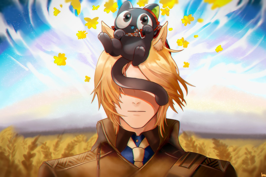 1boy animal_ear_fluff animal_ears animal_on_head arknights black_cat blonde_hair blue_shirt brown_coat cat closed_mouth coat covered_eyes crossover facing_viewer highres horse_boy horse_ears imma_artsu luoxiaohei male_focus mlynar_(arknights) necktie nose on_head outdoors shirt short_hair the_legend_of_luo_xiaohei wheat_field white_necktie