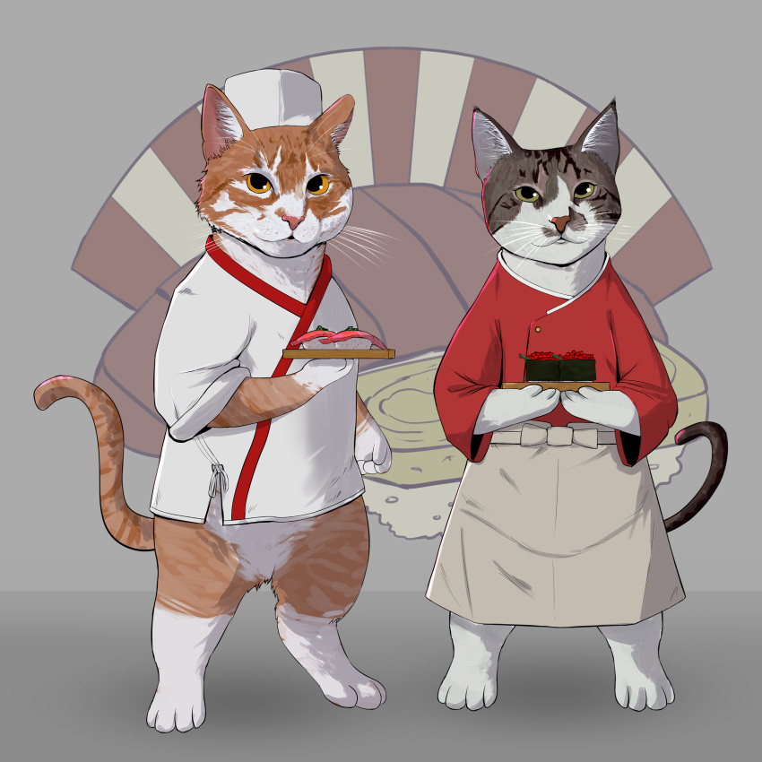 2others absurdres animal cat cat_tail chef chef_hat commentary commission english_commentary food hat highres holding holding_food holding_tray looking_at_viewer marqueeadam multiple_others no_humans original sushi tail tray