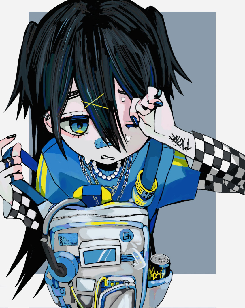 1girl backpack bag bandaid bandaid_on_face bandaid_on_nose black_hair black_nails blue_eyes blue_shirt border can chain_necklace checkered_clothes checkered_shirt cuts front_backpack grey_background hair_between_eyes hair_ornament hairclip hand_up headphones headphones_removed highres holding_strap injury jewelry layered_sleeves long_hair long_sleeves looking_at_viewer multiple_rings nail_polish necklace one_eye_closed original outside_border parted_lips pearl_necklace ring self_harm shirt short_over_long_sleeves short_sleeves simple_background soda_can solo sweat two_side_up upper_body urokogaran white_border x_hair_ornament