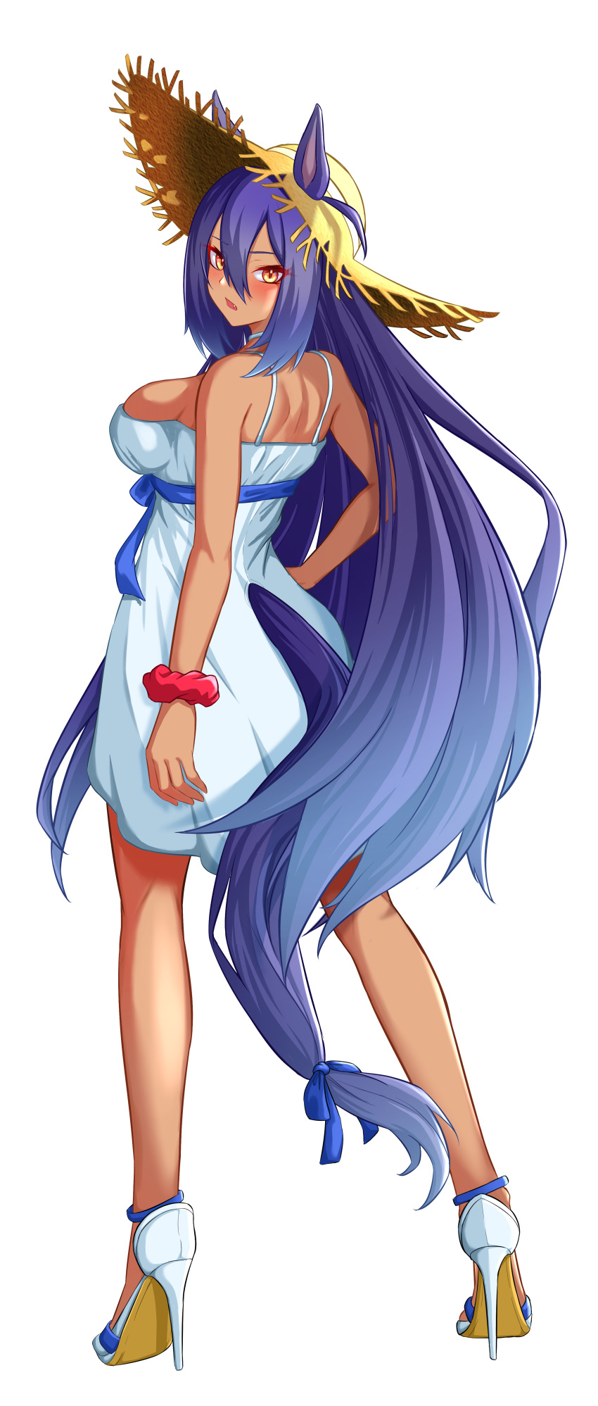 1girl absurdres alternate_costume bare_shoulders black_hair blue_ribbon blush breasts dark-skinned_female dark_skin dress ears_through_headwear eve_on_k from_behind full_body hair_between_eyes hat high_heels highres hishi_amazon_(umamusume) large_breasts long_hair looking_at_viewer looking_back parted_lips red_eyes ribbon scrunchie simple_background solo straw_hat sun_hat tail tail_through_clothes umamusume very_long_hair white_background white_dress white_footwear wrist_scrunchie