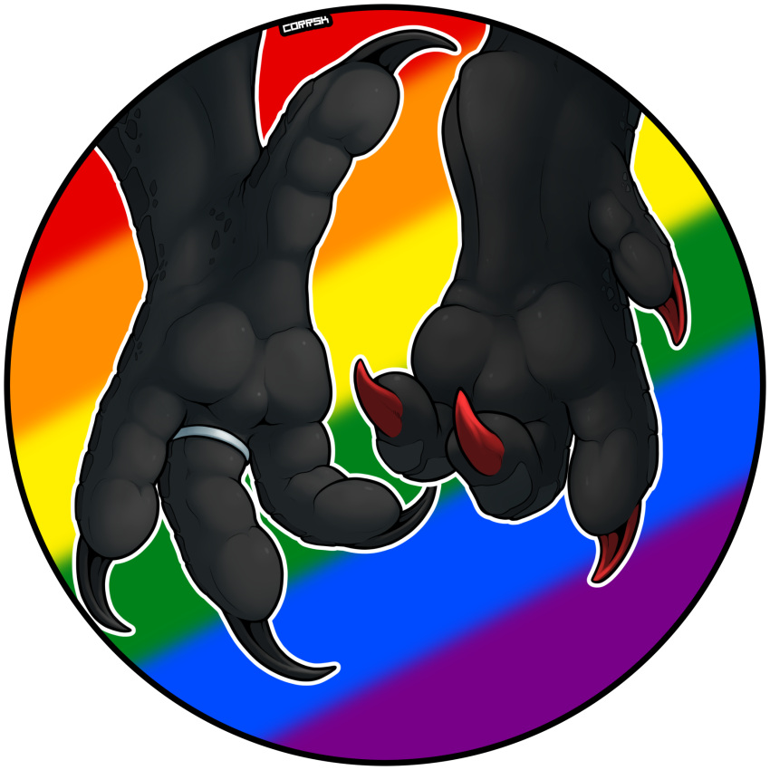 accipitrid accipitriform anthro avian bird claws corrsk digit_ring digital_media_(artwork) dragon duo eagle feet foot_focus hi_res jewelry lgbt_pride male paws pride_colors rainbow_pride_colors ring scalie simple_background soles toe_ring