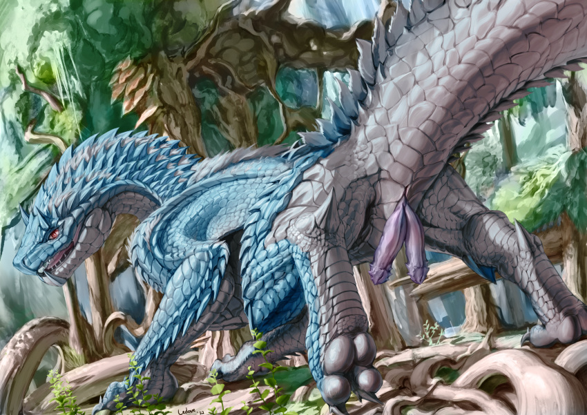 2022 2_penises animal_genitalia animal_penis blue_body blue_scales capcom claws countershade_torso countershading detailed detailed_scales digitigrade erection fanged_wyvern feral finger_claws genital_slit genitals hemipenes hi_res ledove long_neck looking_at_viewer low-angle_view male monster_hunter multi_genitalia multi_penis open_mouth outside penis plant pupils quadruped red_eyes scales scalie shaded signature slit slit_pupils solo tail thick_tail tobi-kadachi toe_claws tree white_body white_scales