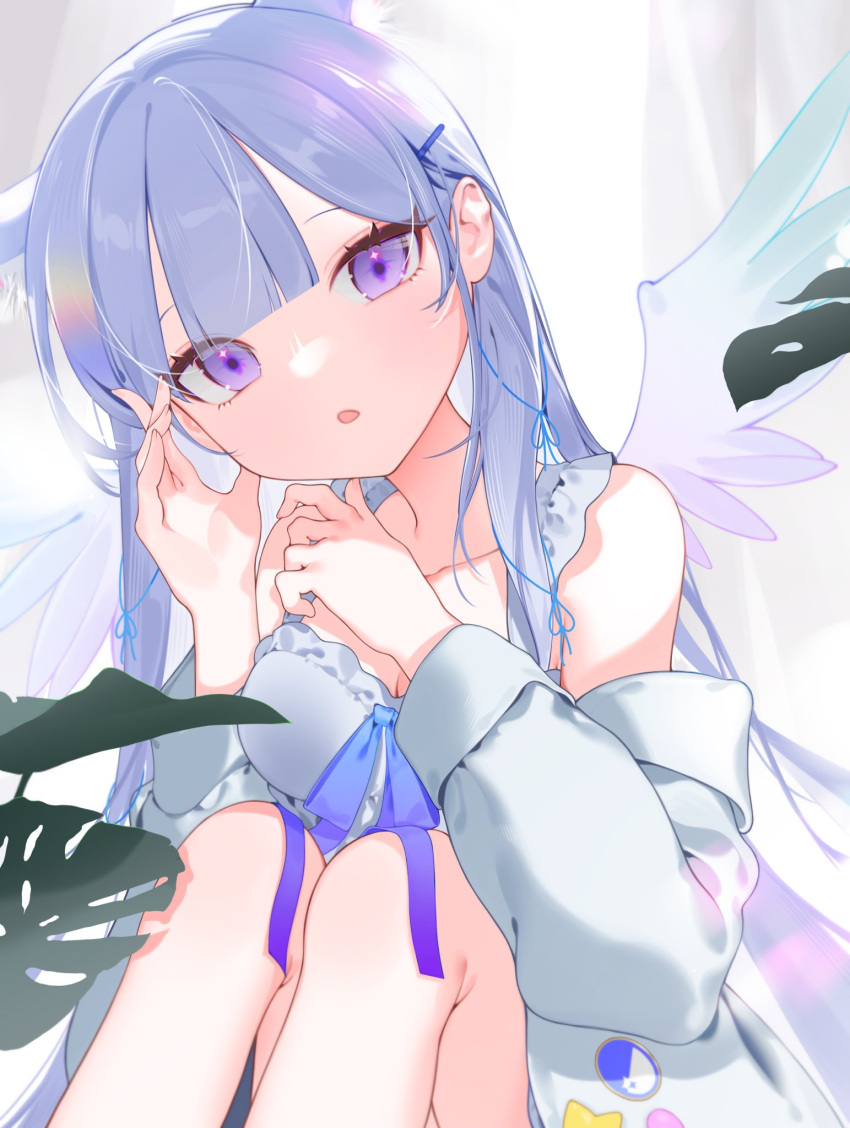 1girl 91_(9_il1) ayatsuno_yuni breasts cleavage commentary gradient_bow gradient_wings grey_hair highres jacket long_hair looking_at_viewer multicolored_wings open_mouth plant purple_eyes solo stellive symbol-only_commentary virtual_youtuber white_jacket wings