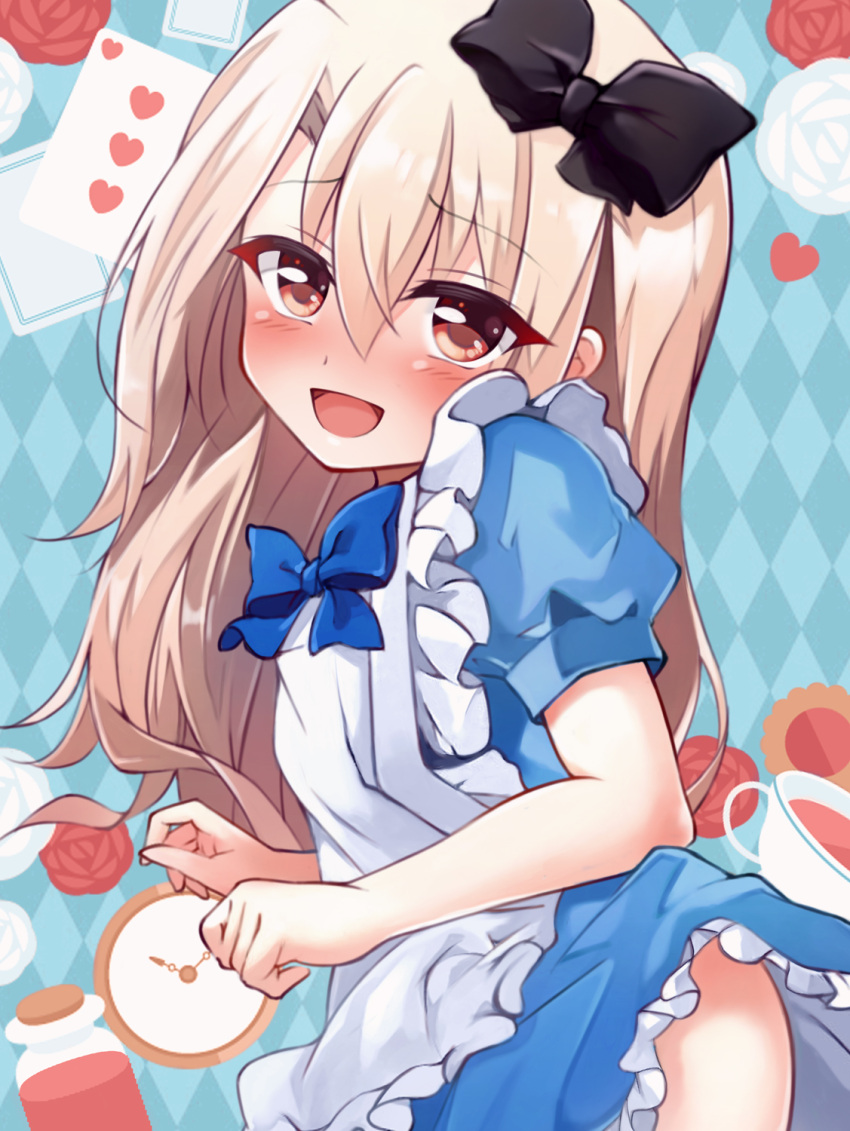 1girl alice_in_wonderland apron blonde_hair blue_dress blush bow breasts card dress fate/kaleid_liner_prisma_illya fate_(series) hair_between_eyes hair_bow highres illyasviel_von_einzbern long_hair looking_at_viewer mochi_(k620803n) open_mouth playing_card puffy_short_sleeves puffy_sleeves red_eyes short_sleeves sidelocks small_breasts smile solo watch white_apron
