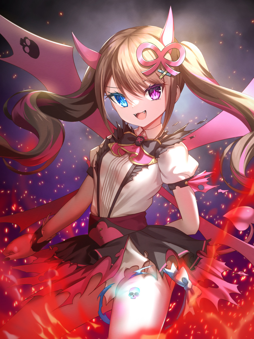 1girl :d ayanabe_halon bettle_(b_s_a_n) black_bow black_skirt blue_eyes bow breasts brown_hair demon_girl demon_tail fangs hair_ornament hairclip heterochromia highres monster_company open_mouth pink_hair pink_horns pink_wings purple_eyes shirt short_sleeves skirt skull small_breasts smile standing tail torn_clothes virtual_youtuber white_shirt wings