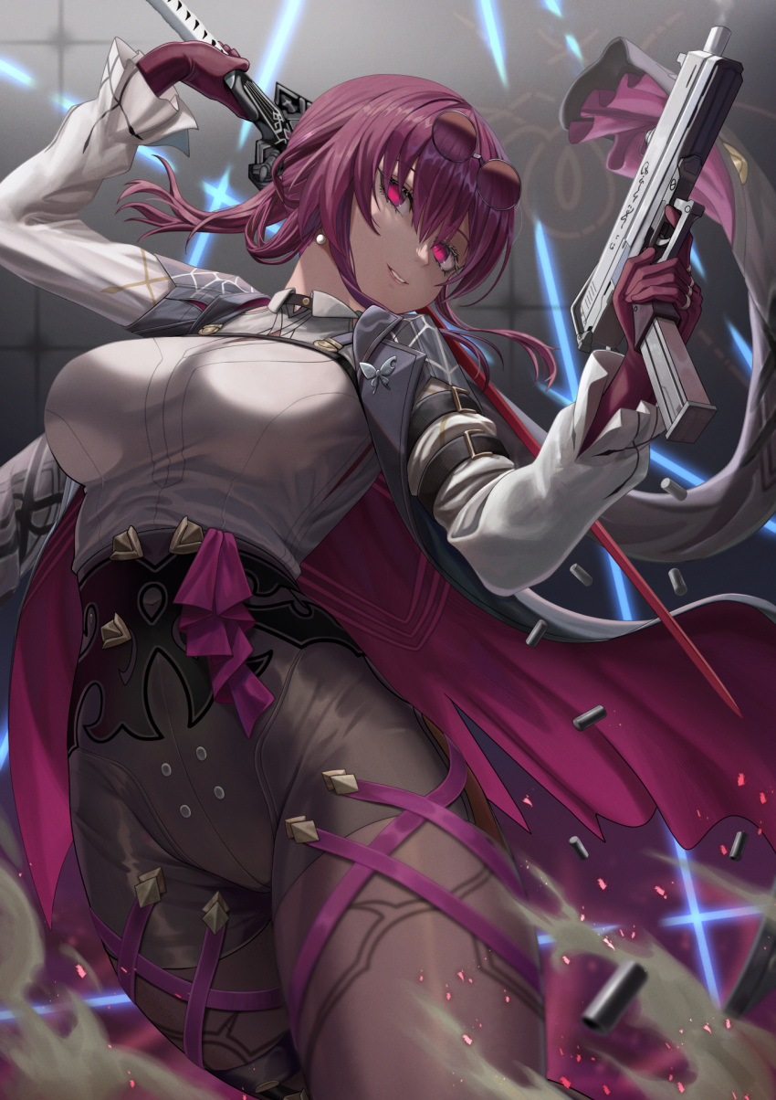 1girl blush breasts eyewear_on_head gloves gun highres honkai:_star_rail honkai_(series) kafka_(honkai:_star_rail) large_breasts long_hair long_sleeves looking_at_viewer pantyhose purple_eyes purple_gloves purple_hair round_eyewear silvertsuki skirt smile solo sword thighs weapon