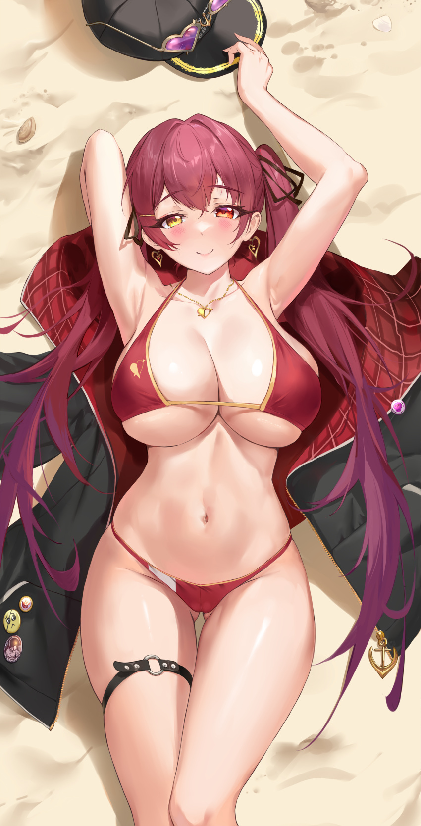 1girl absurdres armpits arms_up ass_visible_through_thighs baseball_cap beach bed_sheet bikini black_jacket blush breasts closed_mouth coat commentary_request dakimakura_(medium) eyewear_on_headwear hair_ribbon hat heart heart-shaped_eyewear heart_necklace heterochromia highres hololive houshou_marine houshou_marine_(4th_costume) jacket jewelry large_breasts long_hair looking_at_viewer lying navel necklace on_back pdxen red_bikini red_eyes red_hair ribbon sand seashell shell smile stomach sunglasses swimsuit thigh_gap thigh_strap thighs twintails virtual_youtuber yellow_eyes