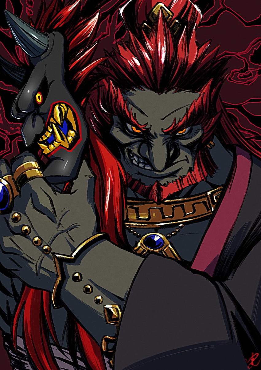 1boy bandaged_chest beard black_robe black_tunic blue_gemstone chest_jewel clenched_teeth dark-skinned_male dark_skin demon evil_grin evil_smile facial_hair frown furrowed_brow ganondorf gem grin highres horns jewelry long_hair mask oni_horns oni_mask orange_eyes red_hair ring robe sharp_teeth smile solo teeth the_legend_of_zelda the_legend_of_zelda:_tears_of_the_kingdom thick_eyebrows thick_neck topknot veins veiny_hands yellow_eyes yellow_teeth yuuri_(fukuroudou)