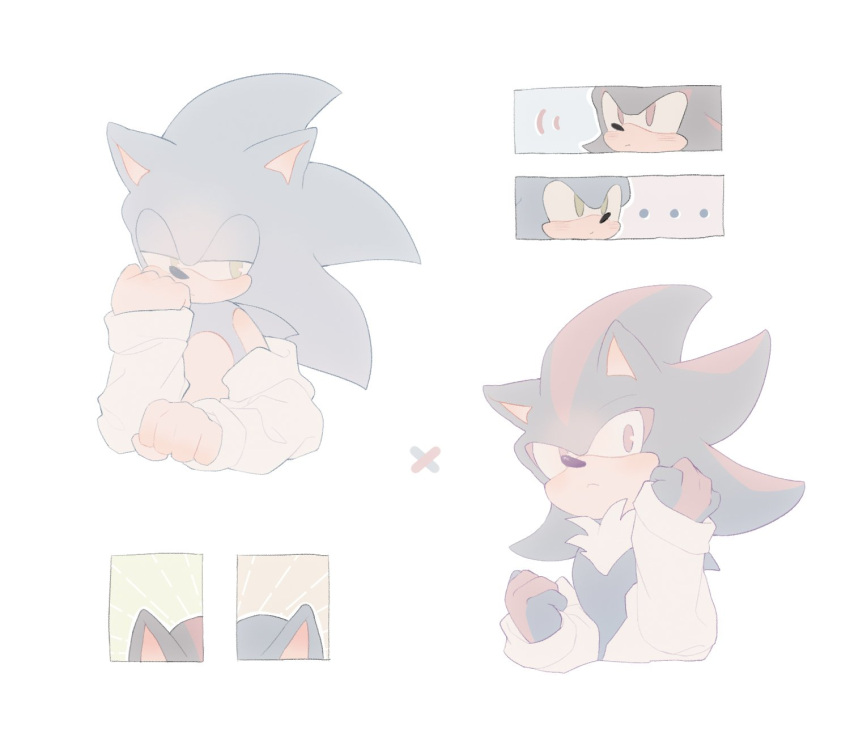 ... 2boys animal_ears animal_nose closed_mouth detached_sleeves furry furry_male green_eyes half-closed_eyes highres male_focus mo0n_friend multiple_boys pale_color red_eyes shadow_the_hedgehog simple_background sonic_(series) sonic_the_hedgehog upper_body white_background white_sleeves