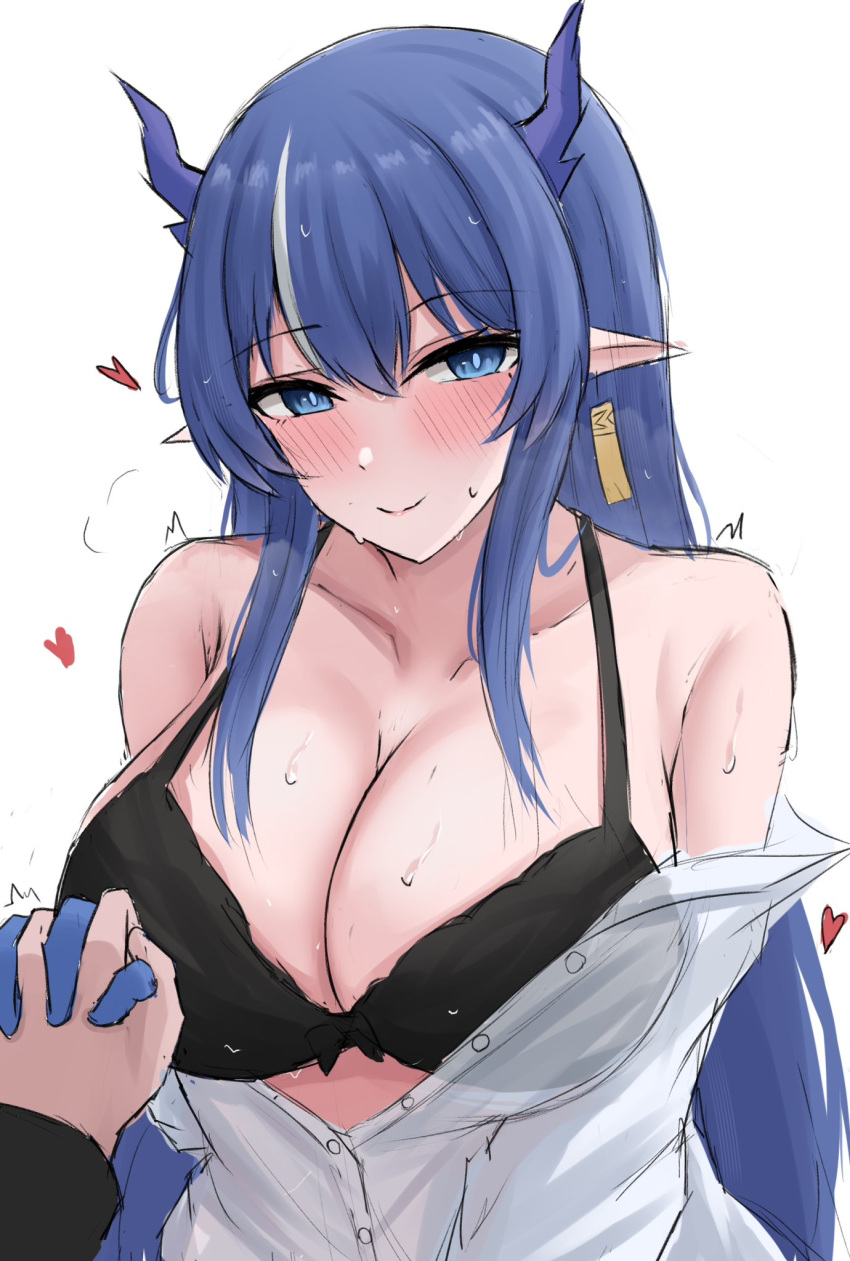 1girl arknights black_bra blue_eyes blue_hair bra breasts dragon_horns heart highres holding_hands horns ling_(arknights) long_hair nami_(namikare4) pointy_ears shirt smile solo sweatdrop underwear very_long_hair white_shirt