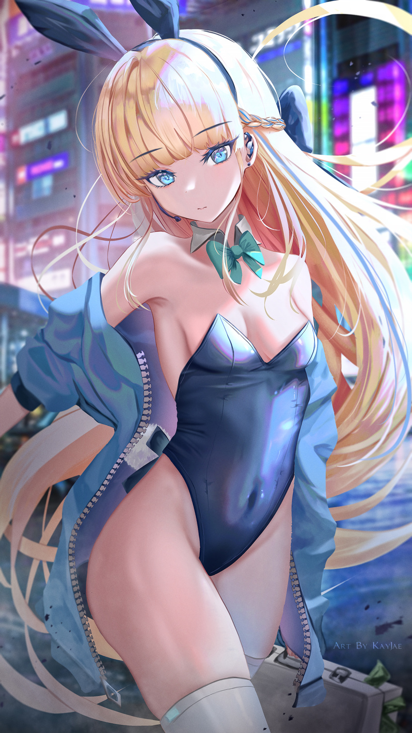 1girl animal_ears aqua_bow aqua_bowtie bare_shoulders blonde_hair blue_archive blue_eyes blue_hair blue_hairband blue_jacket blue_leotard bow bowtie breasts cleavage closed_mouth covered_navel cowboy_shot detached_collar fake_animal_ears fake_tail hair_ornament hairband highres holding jacket kayjae leotard long_hair long_sleeves medium_breasts multicolored_hair off_shoulder open_clothes open_jacket outdoors playboy_bunny rabbit_tail solo streaked_hair tail thighhighs thighs toki_(blue_archive) toki_(bunny)_(blue_archive) white_thighhighs