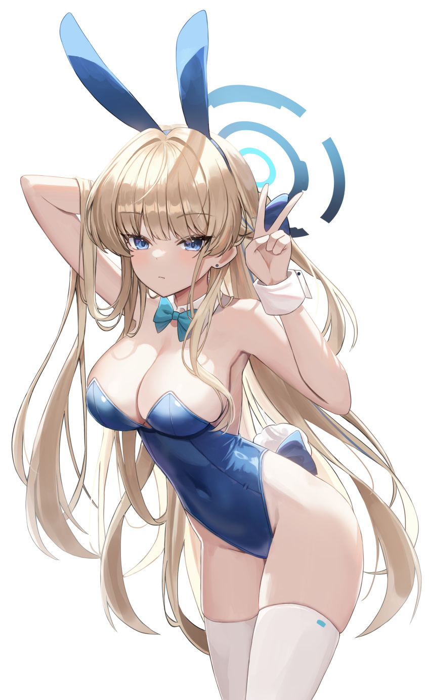 1girl absurdres animal_ears arm_behind_head arm_up armpits bare_arms bare_shoulders blonde_hair blue_archive blue_bow blue_eyes blue_hairband blue_leotard bow bowtie braid breasts cleavage closed_mouth commentary covered_navel cowboy_shot detached_collar expressionless fake_animal_ears fake_tail hair_bow hairband halo hand_up highleg highleg_leotard highres large_breasts leotard long_hair looking_at_viewer medium_breasts multicolored_hair nannung official_alternate_costume playboy_bunny rabbit_ears rabbit_tail simple_background skindentation solo standing strapless strapless_leotard streaked_hair tail thighhighs thighs toki_(blue_archive) toki_(bunny)_(blue_archive) v white_background white_thighhighs wrist_cuffs