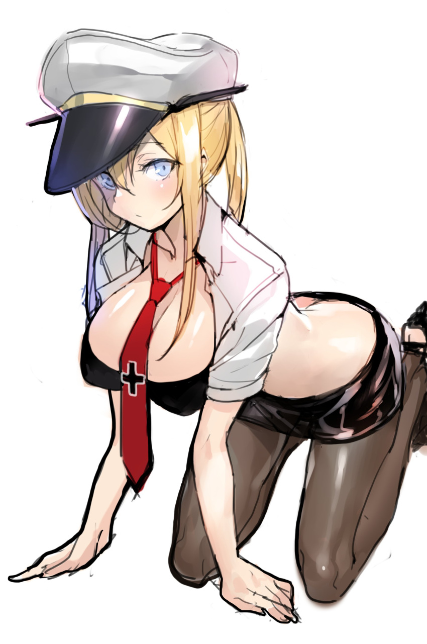 1girl absurdres all_fours aqua_eyes battle_koala between_breasts black_pantyhose black_skirt blonde_hair breasts cleavage closed_mouth collared_shirt cross graf_zeppelin_(kancolle) hat highres iron_cross kantai_collection large_breasts long_hair looking_at_viewer necktie necktie_between_breasts pantyhose peaked_cap pencil_skirt red_necktie shirt short_sleeves simple_background sketch skirt solo twintails white_background