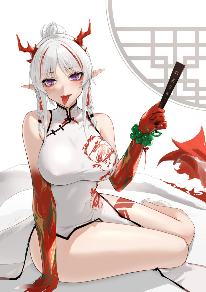 1girl anming arknights bare_legs bare_shoulders bead_bracelet beads blush bracelet breasts china_dress chinese_clothes colored_skin covered_navel dragon_girl dragon_horns dragon_tail dress gradient_skin high_heels highres horns impossible_clothes impossible_dress jewelry large_breasts leg_tattoo looking_at_viewer multicolored_hair nian_(arknights) open_mouth parted_bangs pelvic_curtain purple_eyes red_hair red_skin sitting sleeveless sleeveless_dress solo streaked_hair tail tattoo tongue tongue_out two-tone_hair white_dress white_footwear white_hair yokozuwari