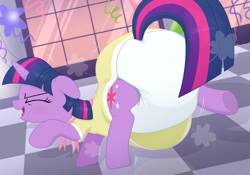 absurd_res blush clean_diaper dancing diaper diaper_under_clothing equid equine exposed_diaper eyes_closed female feral friendship_is_magic hasbro hi_res horn horse mammal my_little_pony pony rear_view solo tenerius twilight_sparkle_(mlp) unicorn