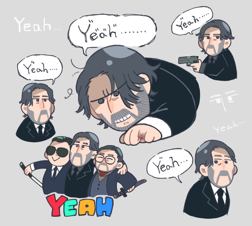 3boys beard black_necktie character_request chibi english_text facial_hair glasses gun highres john_wick john_wick_(character) multiple_boys necktie speech_bubble suit sunglasses sword weapon zngkkzr