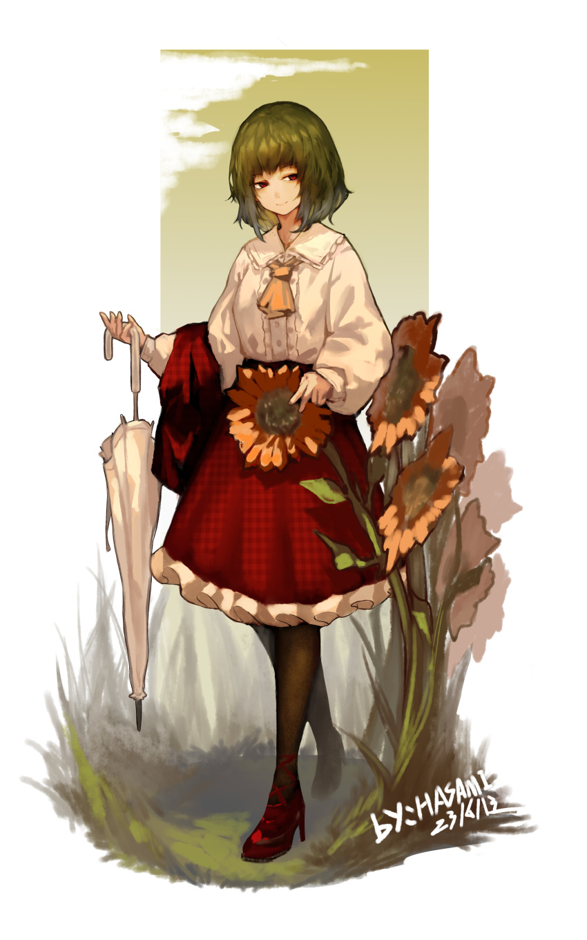 1girl absurdres artist_name ascot brown_pantyhose center_frills closed_mouth closed_umbrella collar collared_shirt dated flower frilled_collar frilled_skirt frills full_body grass green_hair grey_hair half-closed_eyes high_heels highres holding holding_flower holding_umbrella hua_ha_jiazi kazami_yuuka long_sleeves looking_afar medium_hair pantyhose plaid plaid_skirt puffy_sleeves red_eyes red_footwear red_skirt shirt sideways_glance simple_background skirt smile solo standing sunflower tall_grass touhou umbrella vest_removed white_background white_shirt yellow_ascot yellow_flower
