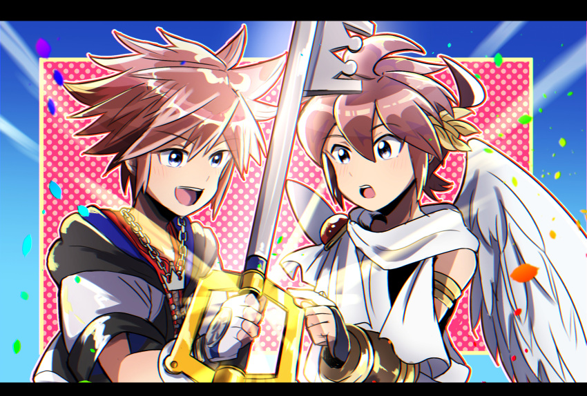 2boys angel angel_wings armband armlet brown_hair feathered_wings fingerless_gloves gloves highres jewelry keyblade kid_icarus kid_icarus_uprising kingdom_hearts laurel_crown letterboxed male_focus multiple_boys necklace open_mouth pit_(kid_icarus) rune_(ruupokesmash54) smile sora_(kingdom_hearts) super_smash_bros. white_wings wings