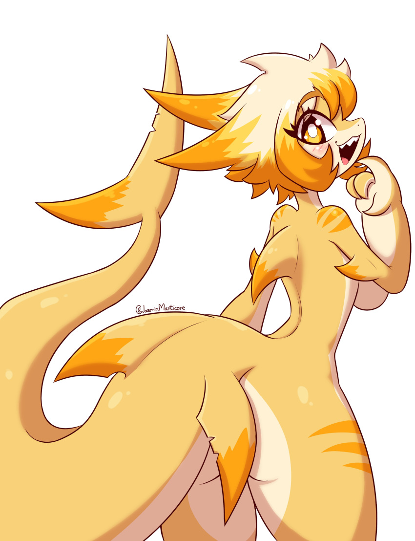 absurd_res anthro blonde_hair breasts butt dorsal_fin female fin fish hair hi_res jasmin_(jasminthemanticore) jasminthemanticore long_tail marine notched_fin nude open_mouth rear_view shark sharp_teeth solo standing tail tail_fin teeth thick_tail thick_thighs white_hair yellow_body