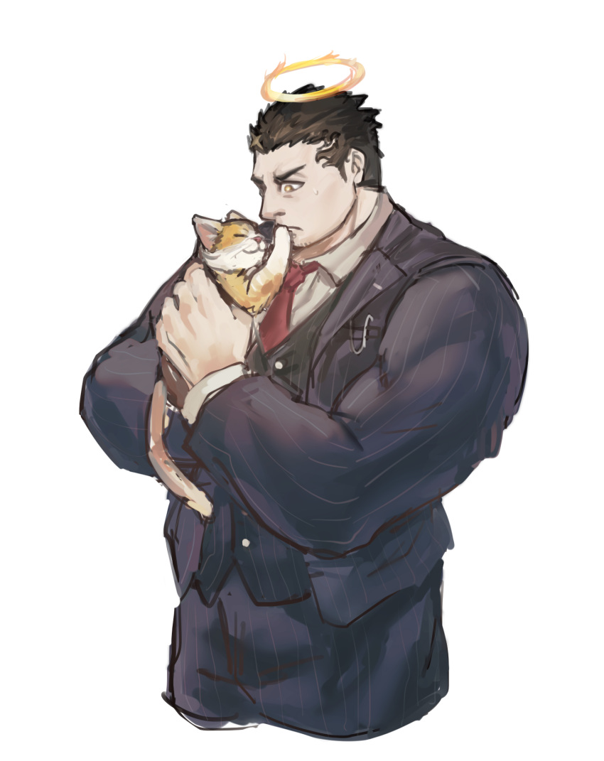 1boy affectionate animal bara black_hair cat cropped_legs facial_hair flaming_halo halo highres holding holding_animal holding_cat male_focus mature_male muscular muscular_male official_alternate_costume sdz_(inazuma) short_hair sideburns sketch stubble suit thick_eyebrows tokyo_afterschool_summoners yellow_eyes zabaniyya_(fashionista_suit)_(housamo) zabaniyya_(housamo)