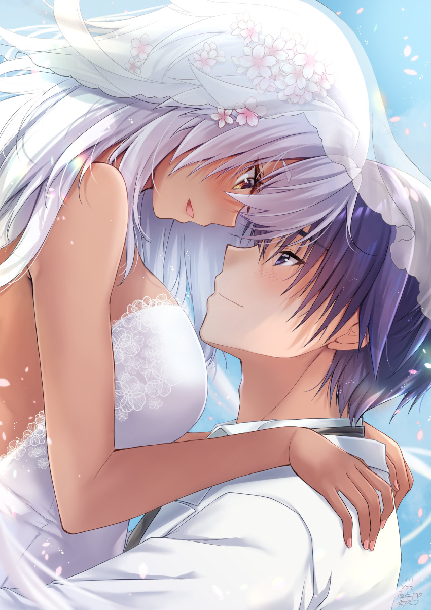 1boy 1girl absurdres admiral_(kancolle) breasts bridal_veil brown_eyes commentary_request dark-skinned_female dark_skin dress face-to-face falling_petals fingernails flower hair_flower hair_ornament highres hug kantai_collection large_breasts lifting_person mashiro_yukiya musashi_(kancolle) petals purple_eyes purple_hair short_hair sleeveless sleeveless_dress smile suit veil wedding wedding_dress white_dress white_suit