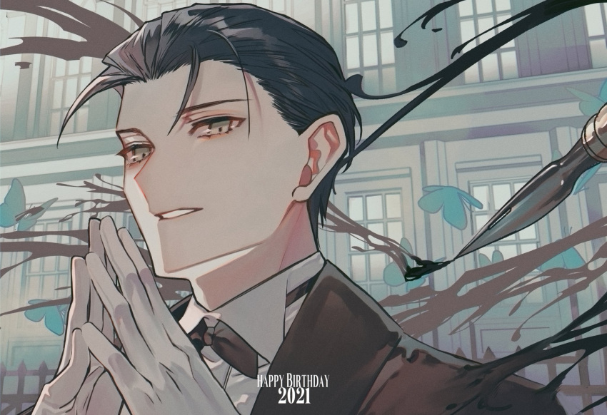 1boy 2021 albino_(a1b1n0623) black_bow black_bowtie black_hair black_jacket bow bowtie building close-up collared_shirt fate/grand_order fate_(series) formal gloves grey_eyes happy_birthday highres ink jacket looking_at_viewer male_focus nib_pen_(object) parted_lips pen sherlock_holmes_(fate) shirt solo suit white_gloves