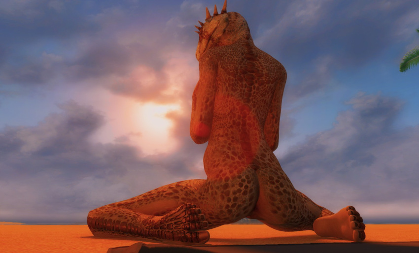 5_toes anus argonian barefoot beach bethesda_softworks butt feet female foot_ninja15 genitals hi_res humanoid humanoid_feet keerava nude plantigrade pussy rear_view scalie seaside skyrim soles solo sunset the_elder_scrolls toes