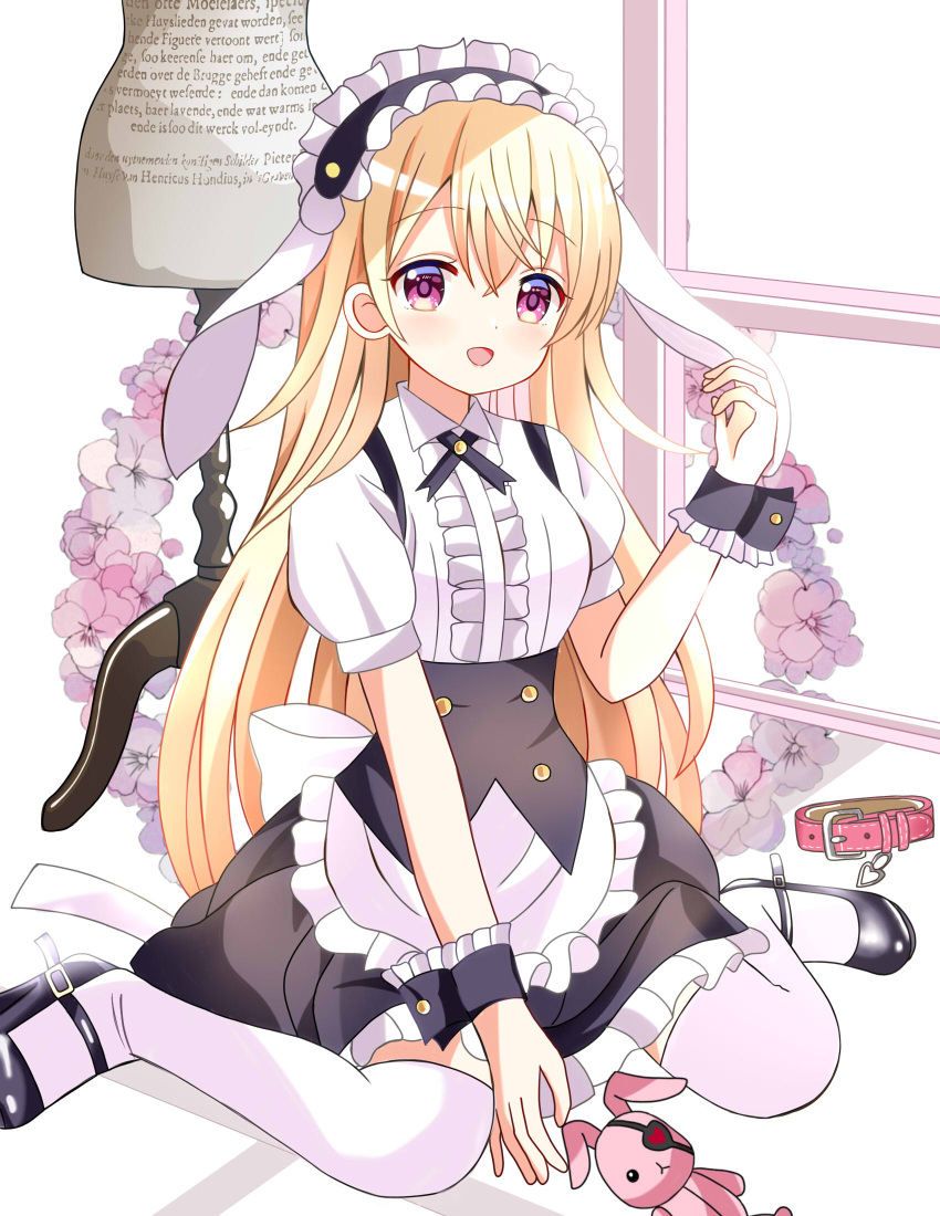 1girl animal_ears apron black_footwear black_hairband black_wrist_cuffs blonde_hair blush collared_shirt fake_animal_ears fleur_de_lapin_uniform floppy_ears frilled_apron frilled_hairband frills gochuumon_wa_usagi_desu_ka? hair_between_eyes hairband highres jinja_eru lolita_hairband long_hair open_mouth puffy_short_sleeves puffy_sleeves rabbit_ears red_eyes ryoutan shirt shoes short_sleeves smile solo stuffed_animal stuffed_rabbit stuffed_toy thighhighs waist_apron white_apron white_shirt white_thighhighs wrist_cuffs