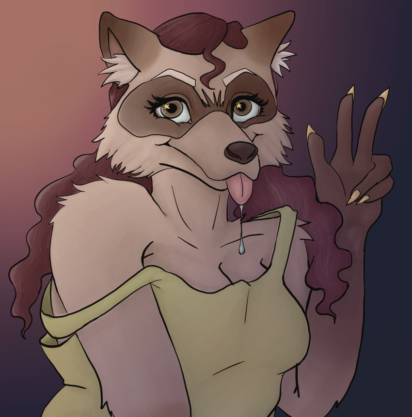 absurd_res animal_humanoid anthro bodily_fluids clothing drooling female gesture hi_res humanoid jellykinz mammal mammal_humanoid pigtails procyonid procyonid_humanoid raccoon raccoon_humanoid saliva shirt solo tank_top topwear v_sign