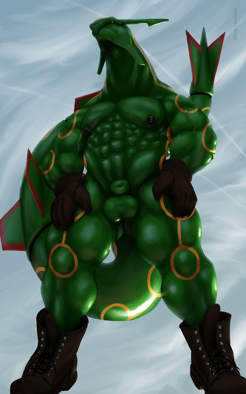 abs absurd_res animal_genitalia anthro backlighting balls black_nipples blue_sky boots boots_only clothing contrail flying footwear footwear_only generation_3_pokemon genitals gloves green_body green_scales hands_on_legs hands_on_thighs handwear hi_res hovering humanoid legendary_pokemon light lighting looking_offscreen male mostly_nude muscular nintendo nipples orono_(tjloog) pecs perineum pokemon pokemon_(species) rayquaza red_body red_scales scales sheath shoes shoes_only sky solo tjloog vein veiny_muscles wide_stance yellow_body yellow_eyes yellow_scales