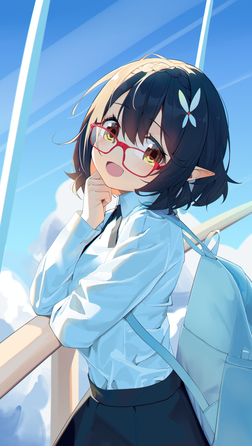 1girl absurdres ayane_(blue_archive) backpack bag black_hair black_skirt blue_archive blush collared_shirt glasses highres long_sleeves looking_at_viewer open_mouth painterliuhao pointy_ears red-framed_eyewear shirt short_hair skirt smile solo upper_body white_shirt yellow_eyes