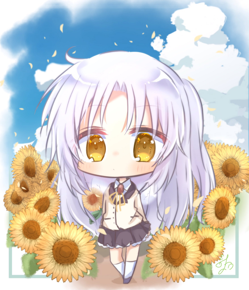 1girl angel_beats! angel_day arms_at_sides black_shirt blush border chibi closed_mouth cloud commentary_request commission day expressionless eyelashes flower highres jacket kneehighs long_hair long_sleeves looking_at_viewer miniskirt neck_ribbon outdoors parted_bangs pleated_skirt ribbon school_uniform shirt sidelocks signature skeb_commission skirt socks solo sunflower tachibana_kanade utuigawa white_border white_hair white_socks yellow_eyes yellow_jacket yellow_ribbon