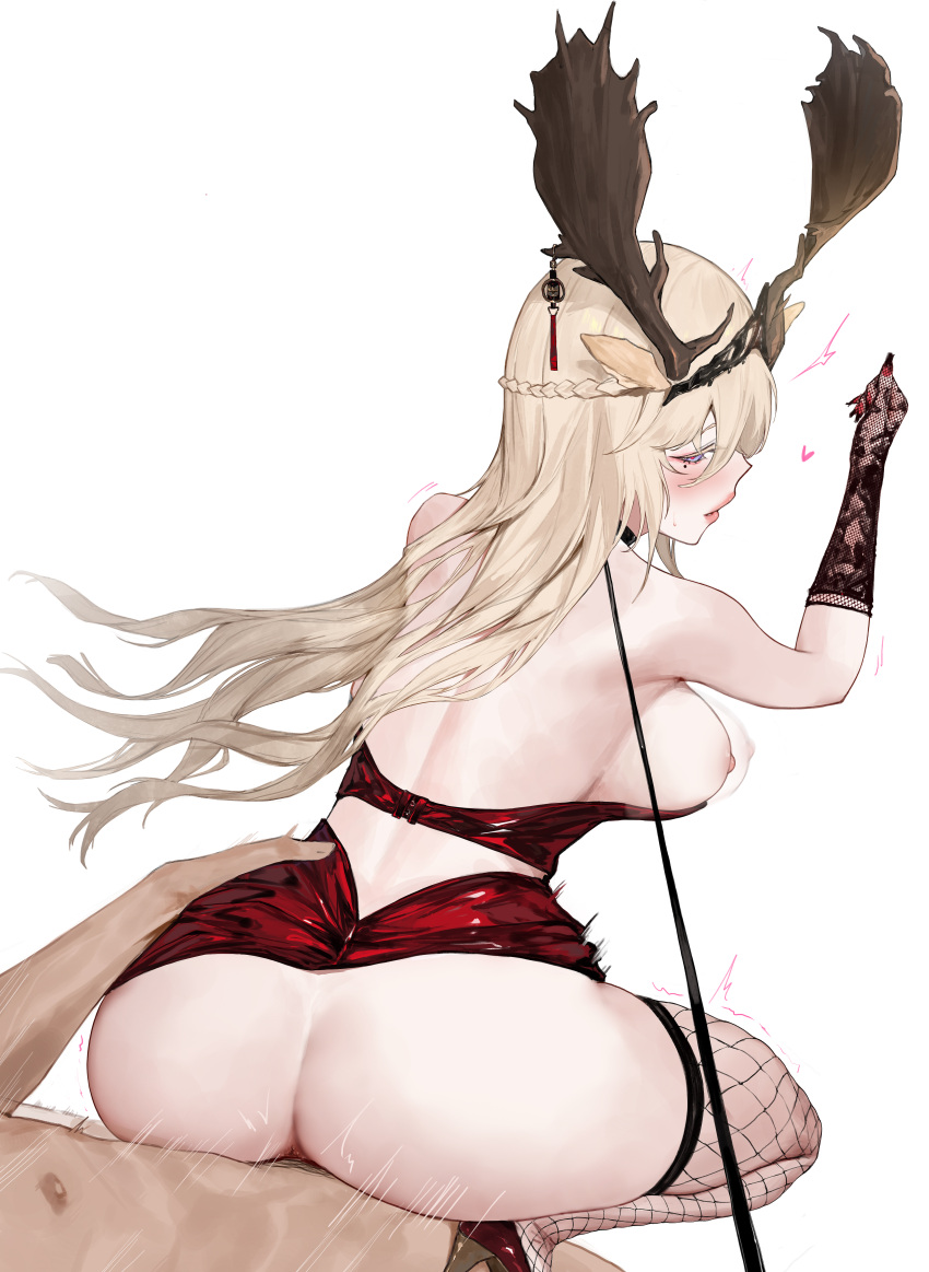 1boy 1girl absurdres afterimage animal_ears antlers arknights ass bare_shoulders black_gloves blonde_hair blue_eyes blush bouncing_breasts breasts breasts_out clothes_lift commission deer_antlers deer_ears deer_girl elbow_gloves fishnet_gloves fishnet_thighhighs fishnets girl_on_top gloves heart hetero highres large_breasts leash long_hair looking_back male_pubic_hair mole mole_under_eye nail_polish nipples no_panties parted_lips pixiv_commission pubic_hair red_nails red_skirt reverse_cowgirl_position sawaki_ken sex sex_from_behind skirt skirt_lift squatting straddling thighhighs torso_grab very_long_hair viviana_(arknights)