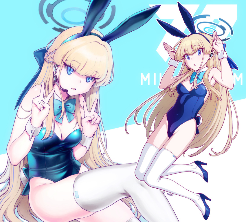 1girl :o animal_ears aqua_bow aqua_bowtie arms_up blonde_hair blue_archive blue_eyes blue_footwear blue_hairband blue_leotard bow bowtie breasts cleavage detached_collar double_v earpiece fake_animal_ears fake_tail full_body hairband halo high_heels highleg highleg_leotard highres hijiri_rei leotard long_hair looking_at_viewer medium_breasts multiple_views official_alternate_costume open_mouth playboy_bunny rabbit_ears rabbit_pose rabbit_tail skindentation strapless strapless_leotard tail thighhighs toki_(blue_archive) toki_(bunny)_(blue_archive) two-tone_background v very_long_hair white_thighhighs white_wrist_cuffs wrist_cuffs