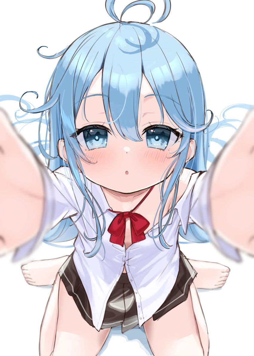 1girl :o barefoot black_skirt blue_eyes blue_hair blurry blurry_background bow collared_shirt commentary_request copyright_request denpa_onna_to_seishun_otoko depth_of_field dress_shirt from_above hair_between_eyes highres long_hair long_sleeves looking_at_viewer looking_up off_shoulder parted_lips pleated_skirt reaching reaching_towards_viewer red_bow shirt simple_background sitting skirt solo touwa_erio tsukiman very_long_hair wariza white_background white_shirt