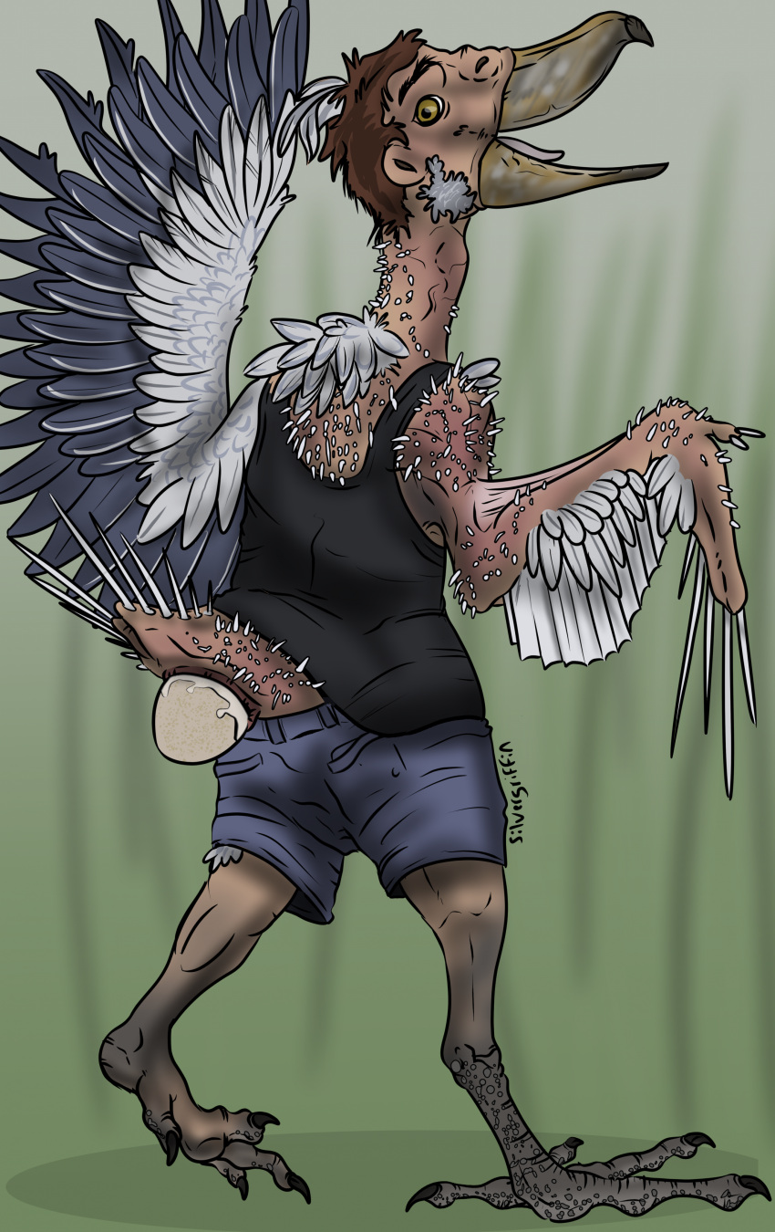 absurd_res animal_genitalia avian bird bodily_fluids body_horror cloaca clothed clothing egg feather_growth feathers gender_transformation genital_fluids genitals growth hi_res human_to_feral looking_back mid_transformation mtf_transformation open_mouth oviposition pelecaniform shoebill silvergriffin21 simple_background solo species_transformation tail transformation wardrobe_malfunction