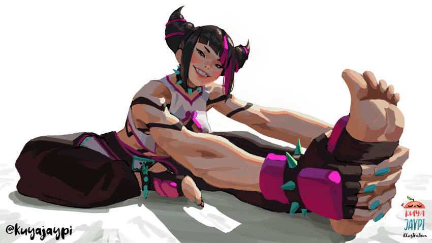 1girl arm_tattoo baggy_pants bare_shoulders blush bracelet breasts choker cleavage cleavage_cutout clothing_cutout collar drill_hair feet fingerless_gloves foot_focus foot_grab gloves hair_horns han_juri hanging_breasts highres jewelry kuya_jaypi leaning_forward looking_at_viewer multicolored_hair muscular pants simple_background sitting spiked_anklet spiked_bracelet spiked_collar spikes street_fighter stretching tattoo twin_drills white_background