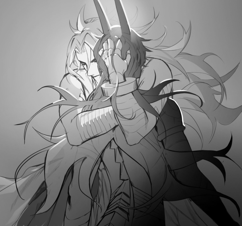 2boys arjuna_(fate) arjuna_alter_(fate) armlet bhima_(fate) brothers closed_eyes closed_mouth commentary fate/grand_order fate_(series) from_behind gauntlets grey_background greyscale hand_in_another's_hair hand_on_another's_head hariharipalette highres horns hug long_hair male_focus monochrome multiple_boys muscular muscular_male siblings simple_background sketch sleeveless