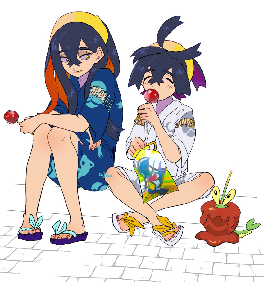 1boy 1girl black_hair brother_and_sister candy candy_apple carmine_(pokemon) closed_eyes colored_inner_hair colored_sclera cross-laced_clothes cross-laced_sleeves crossed_bangs dipplin eating eyelashes food hair_between_eyes hairband highres holding holding_candy holding_food japanese_clothes kieran_(pokemon) long_hair mole mole_on_neck mole_under_eye multicolored_hair orange_hair pokemon pokemon_(creature) pokemon_(game) pokemon_sv purple_hair red_hair roar_kibachan short_hair siblings sidelocks smile two-tone_hair yellow_eyes yellow_hairband yellow_headwear yellow_sclera