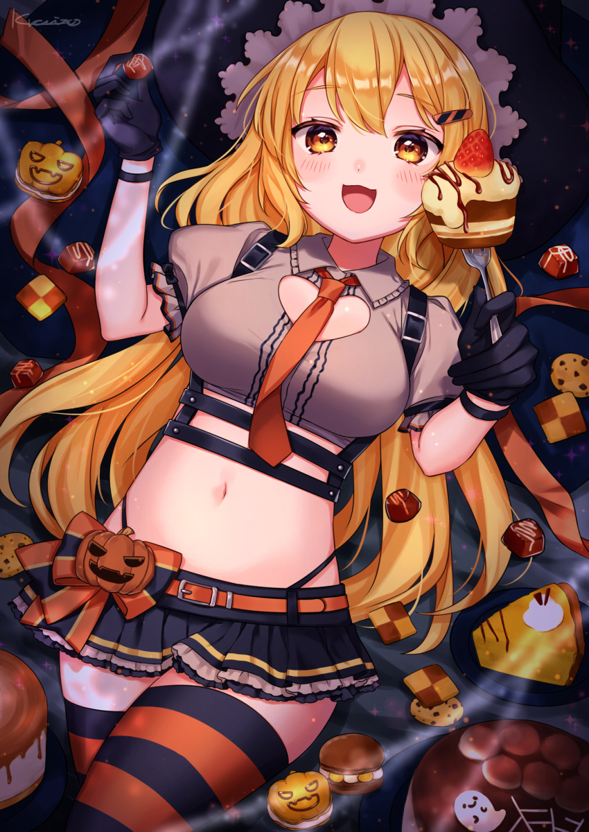 1girl :3 belt blonde_hair blush bracelet breasts cake checkerboard_cookie chocolate cleavage_cutout clothing_cutout collared_shirt cookie crop_top food fork gloves hair_ornament hairclip halloween harness hat heart_cutout highres holding holding_food holding_fork jack-o'-lantern jewelry kawagami_raito large_breasts long_hair looking_at_viewer microskirt midriff navel open_mouth orange_eyes original panty_straps pie pie_slice puffy_sleeves ribbon sandwich_cookie shirt skirt solo striped striped_thighhighs thighhighs very_long_hair witch_hat