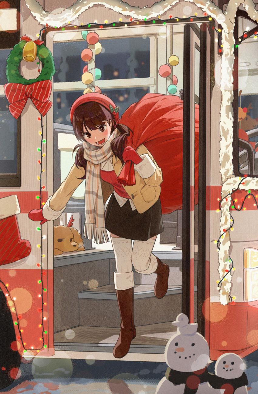 1girl absurdres black_skirt blush boots brown_footwear brown_hair bus christmas christmas_lights christmas_ornaments christmas_stocking ddini dog fake_antlers full_body highres holding holding_sack jacket looking_at_viewer motor_vehicle open_clothes open_jacket open_mouth original red_headwear red_mittens red_sweater reindeer sack scarf shirt skirt snowman striped striped_scarf sweater thighhighs twintails white_shirt white_thighhighs