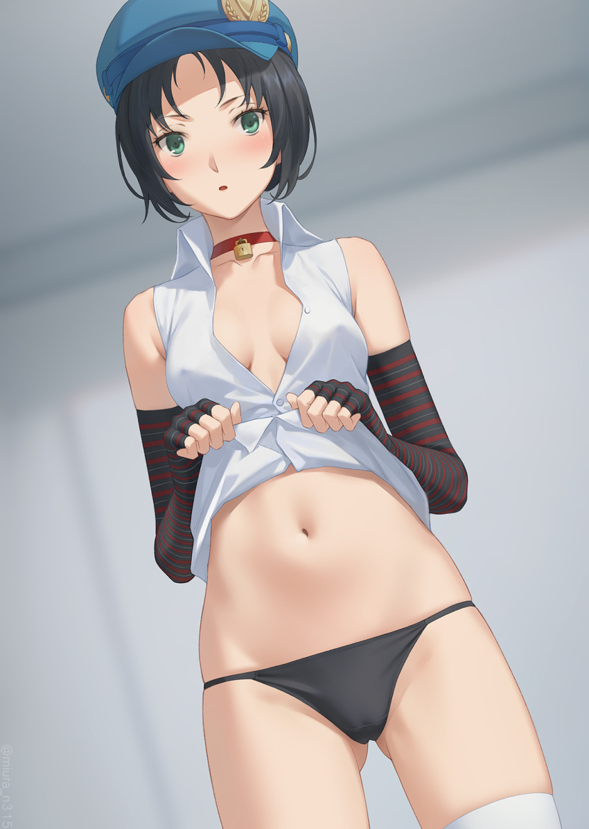 1girl ass_visible_through_thighs black_hair blue_headwear blush breasts cabbie_hat cameltoe clothes_lift collared_shirt covered_nipples elbow_gloves gloves green_eyes hat highres lock looking_at_viewer marie_(persona_4) miura-n315 navel no_bra padlock padlocked_collar panties persona persona_4 persona_4_the_golden shirt shirt_lift sleeveless sleeveless_shirt solo standing stomach striped striped_gloves thigh_gap thighhighs underwear undressing