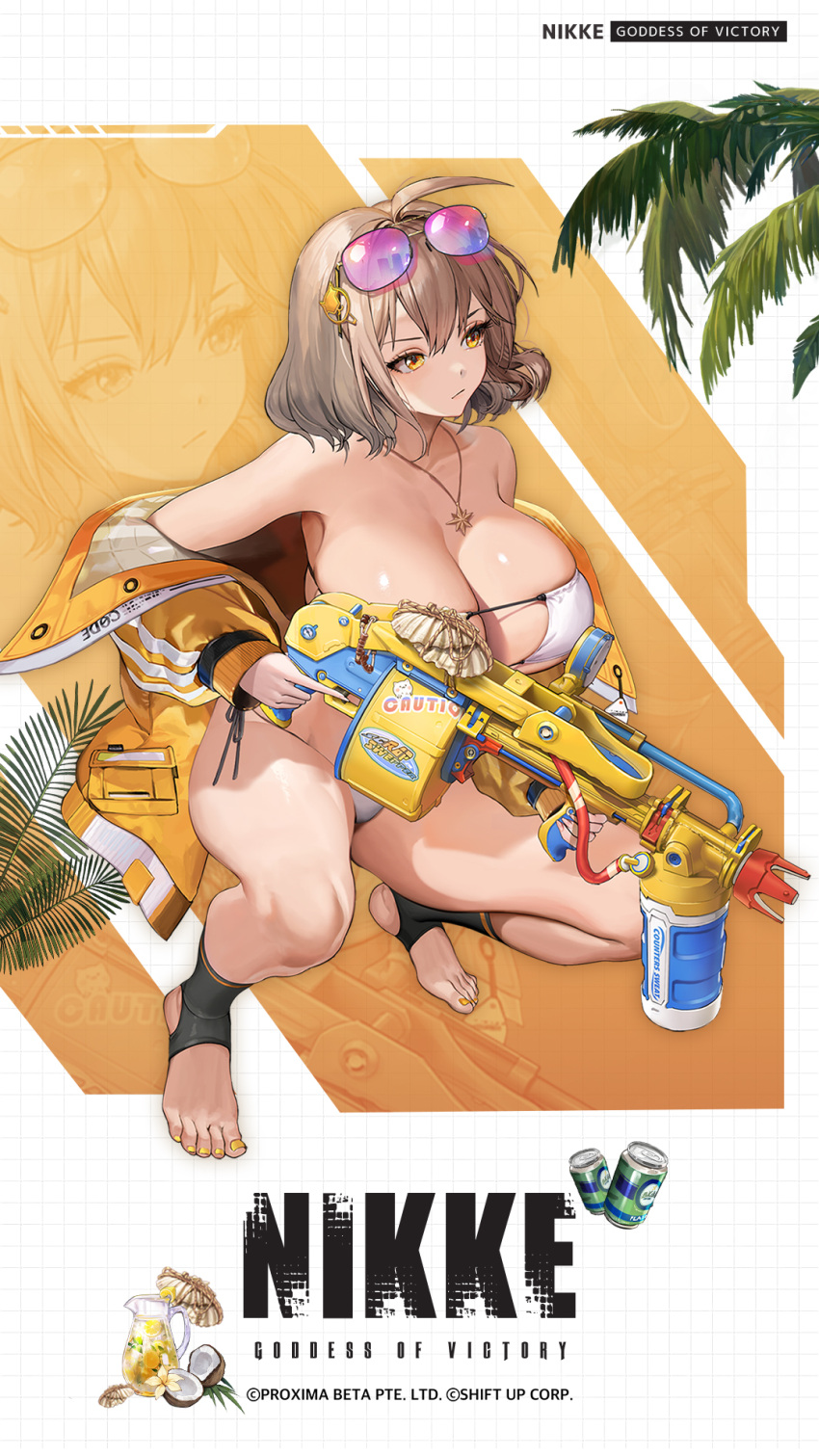 1girl ahoge anis_(nikke) anis_(sparkling_summer)_(nikke) bare_shoulders bikini black_socks breasts cat_hair_ornament collarbone copyright_name english_text eyepatch_bikini eyewear_on_head feet foreshortening goddess_of_victory:_nikke gun hair_ornament highres holding holding_gun holding_weapon jacket jewelry large_breasts light_brown_hair long_sleeves looking_to_the_side medium_hair nail_polish no_shoes official_alternate_costume official_art open_clothes open_jacket pink-tinted_eyewear seashell shell side-tie_bikini_bottom skindentation socks squatting stirrup_legwear sunglasses swimsuit thighs tinted_eyewear toeless_legwear toenail_polish toenails toes underboob weapon white_bikini xi_xeong yellow_nails zoom_layer