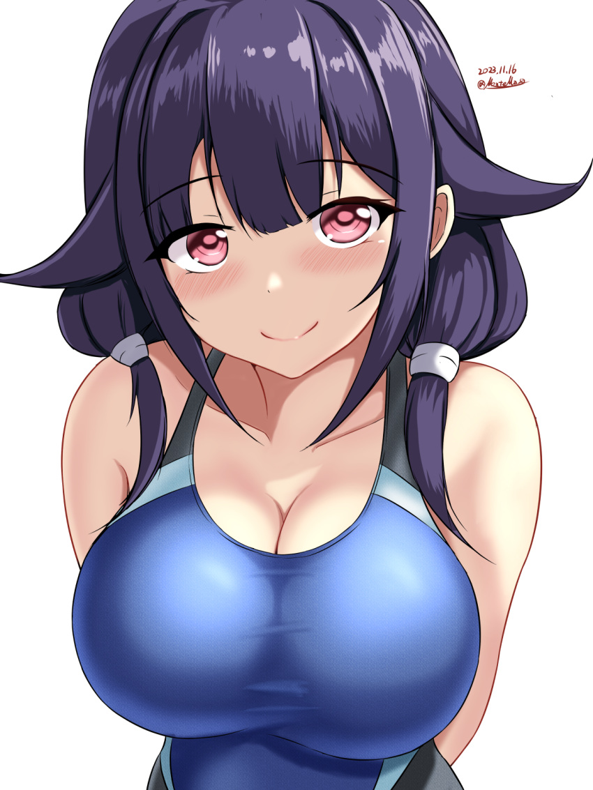 1girl black_one-piece_swimsuit blue_one-piece_swimsuit blush breasts cleavage collarbone competition_swimsuit covered_navel dated hair_flaps highres kantai_collection large_breasts long_hair looking_at_viewer low_twintails montemasa one-hour_drawing_challenge one-piece_swimsuit purple_hair red_eyes simple_background smile solo swimsuit taigei_(kancolle) twintails twitter_username two-tone_swimsuit upper_body white_background