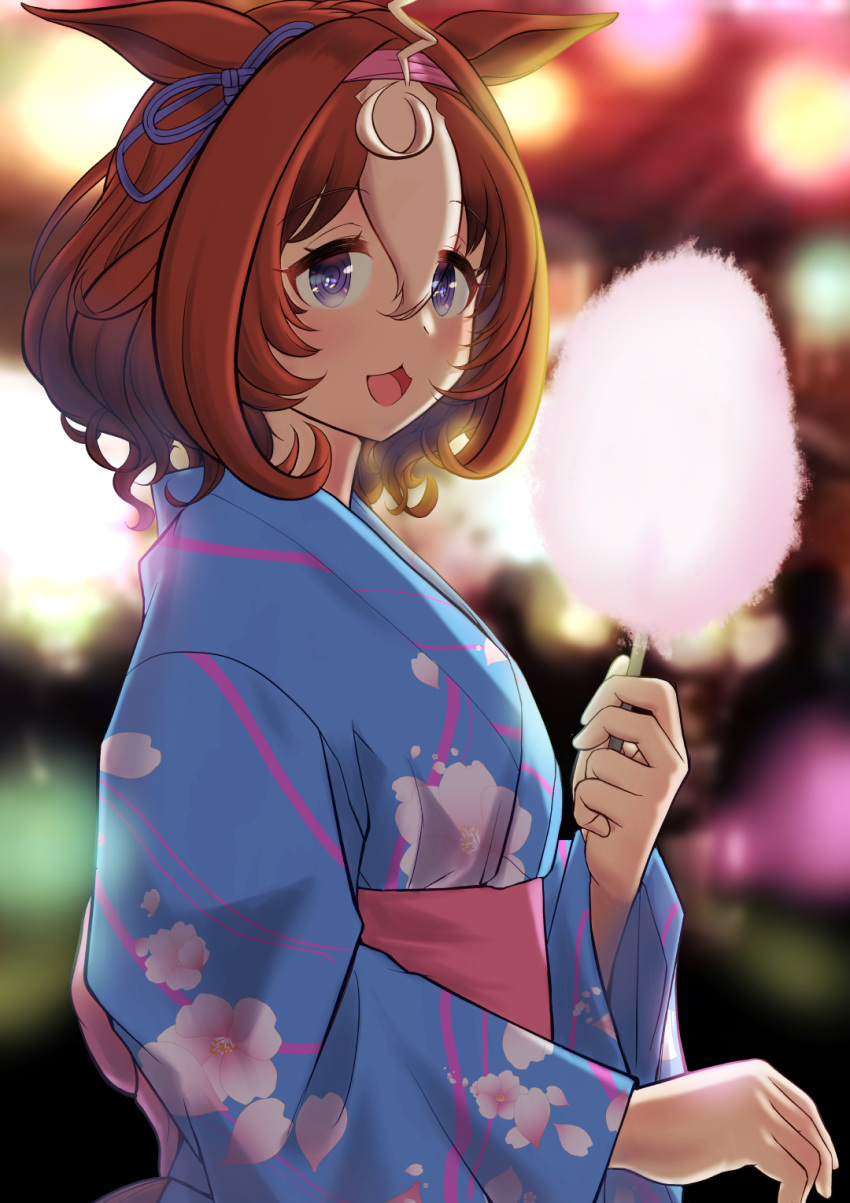 1girl ahoge animal_ears blue_eyes blue_kimono blurry blurry_background brown_hair cherry_blossom_print cotton_candy ear_ribbon floral_print hairband highres horse_ears horse_girl japanese_clothes kimono long_sleeves meisho_doto_(umamusume) multicolored_hair open_mouth outdoors pink_hairband solo streaked_hair umamusume white_hair yamano_boriko yukata