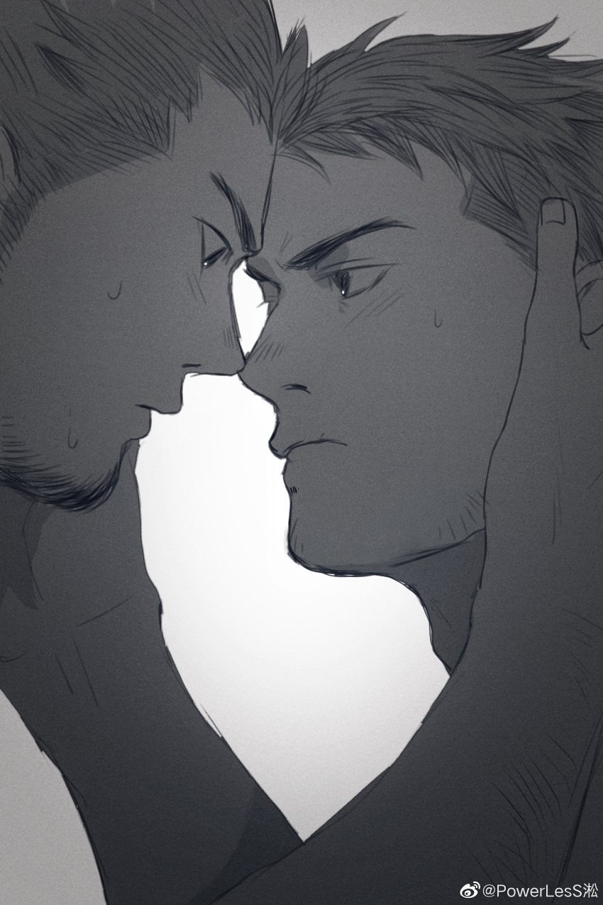 2boys absurdres arm_hair bara bear beard_stubble blush eye_contact forehead-to-forehead greyscale hand_on_another's_face heads_together highres light_blush long_sideburns looking_at_another male_focus monochrome multiple_boys nose_blush noses_touching nude original powerlesssong short_hair sideburns sideburns_stubble sparse_stubble sweat sweating_profusely upper_body v-shaped_eyebrows