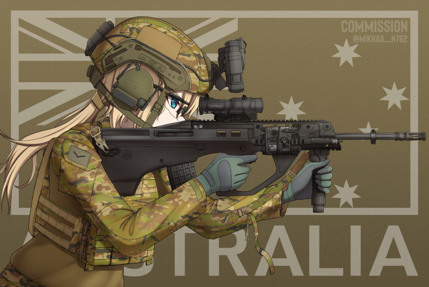 1girl assault_rifle australia australian_army australian_flag blonde_hair blue_eyes blue_gloves bullpup camouflage camouflage_jacket combat_helmet commission gloves green_jacket grey_background gun helmet highres jacket long_hair mikhail_n military_uniform original rifle solo steyr_aug uniform weapon woodland_camouflage