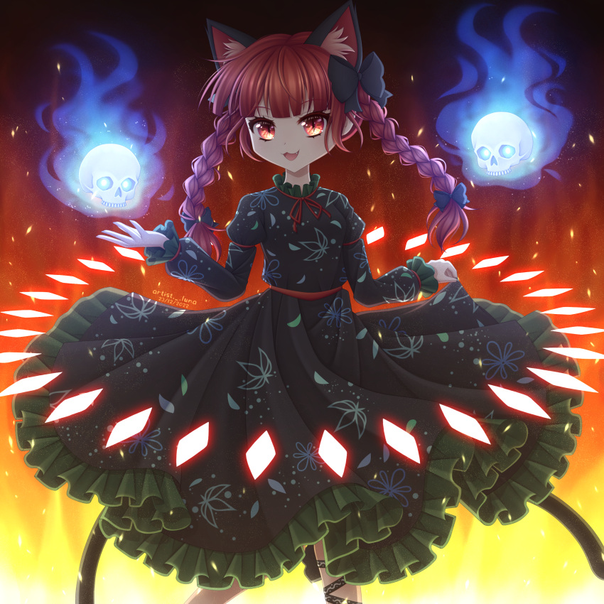 1girl :3 :d absurdres artist._.luna breasts cat_tail commentary_request danmaku dress fang floating_skull gradient_background grey_dress highres hitodama kaenbyou_rin multiple_tails nekomata open_mouth orange_background red_eyes red_hair simple_background slit_pupils small_breasts smile solo tail touhou two_tails